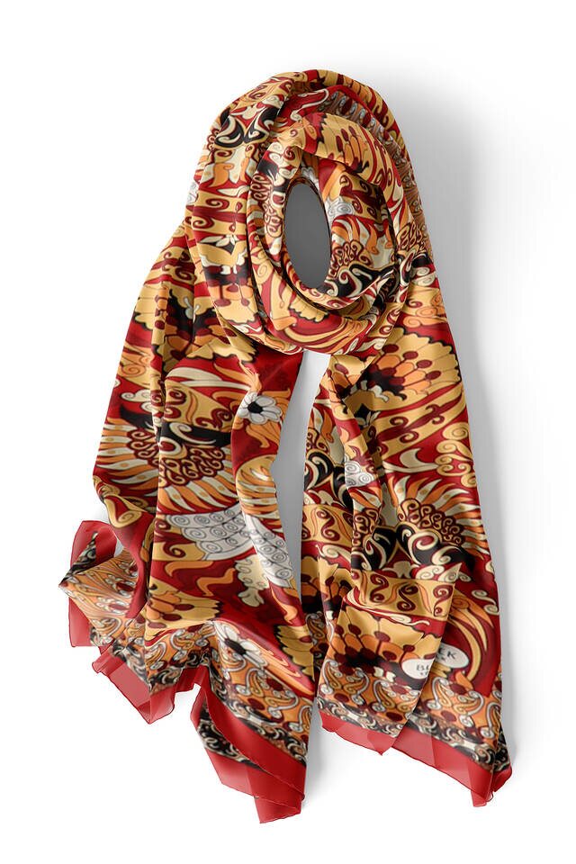 Red Gold Peacock Narrow Silk Foulard - 3