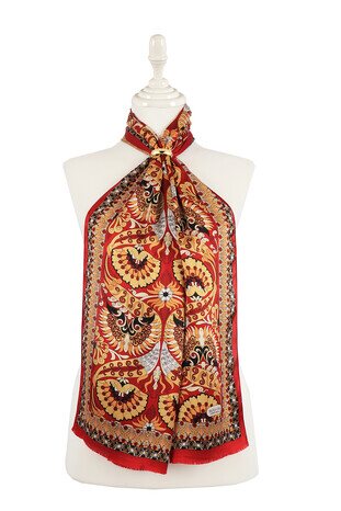 Red Gold Peacock Narrow Silk Foulard 