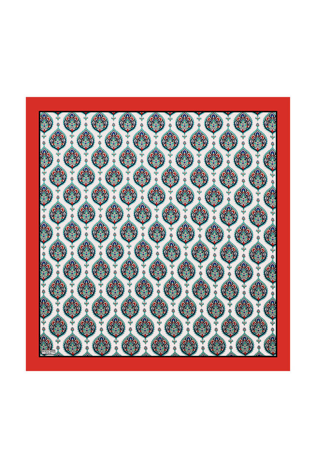 Red Hatai Pattern Silk Square Scarf - 2