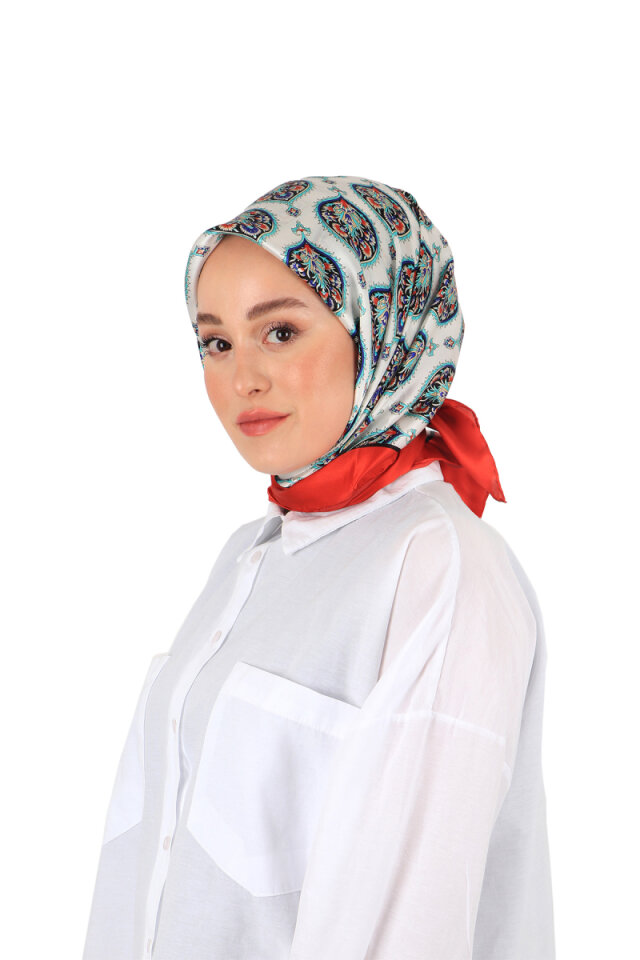 Red Hatai Pattern Silk Square Scarf - 1