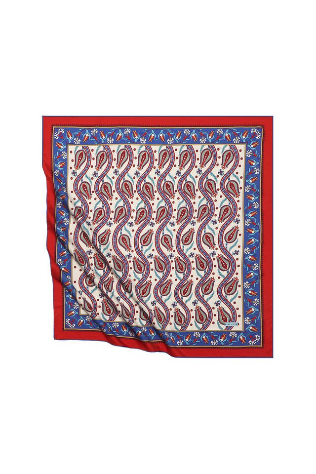 Red Ivy Tulip Pattern Silky Square Scarf - Bursa İpek