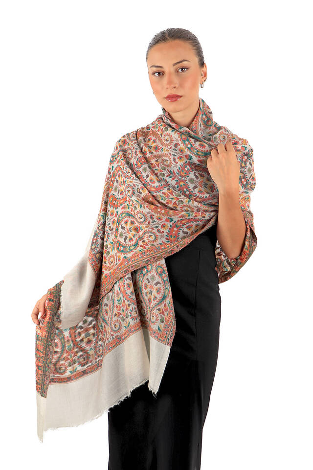 Red Jacquard Patterned Wool Shawl - 2
