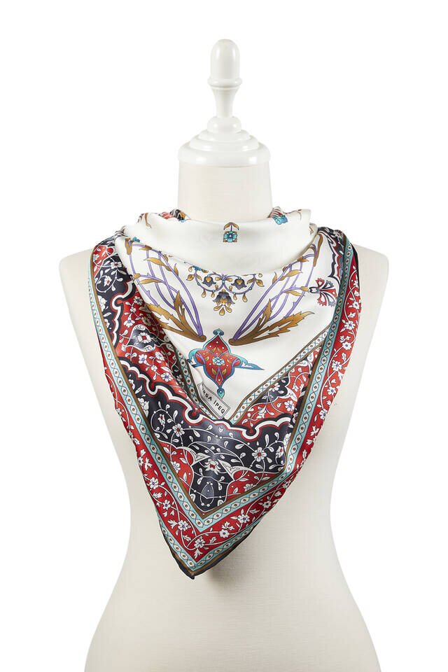 Red Khaki Turkish Motif Candlestick Tulip Pattern Silky Square Scarf - 2