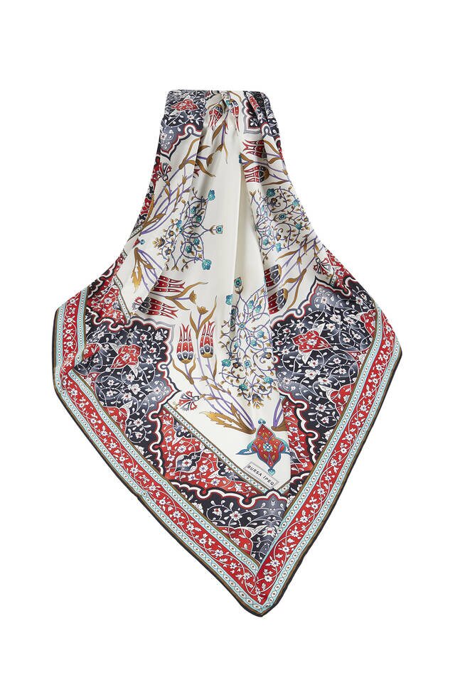 Red Khaki Turkish Motif Candlestick Tulip Pattern Silky Square Scarf - 3