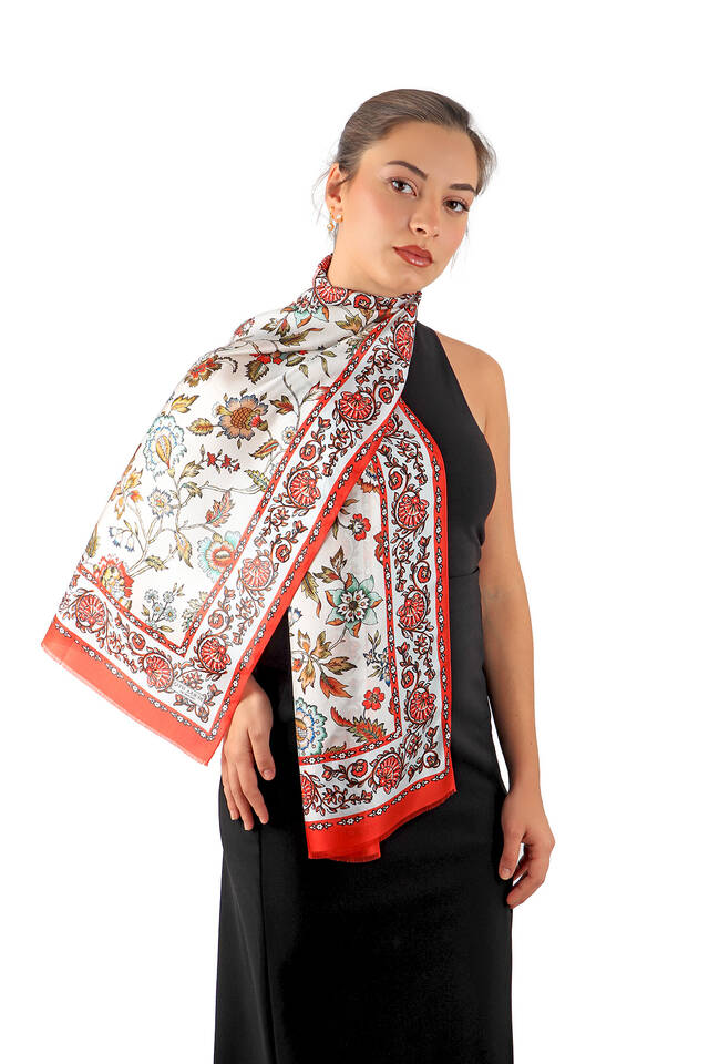 Red Lily Pattern Voile Silk Foulard - Bursa İpek