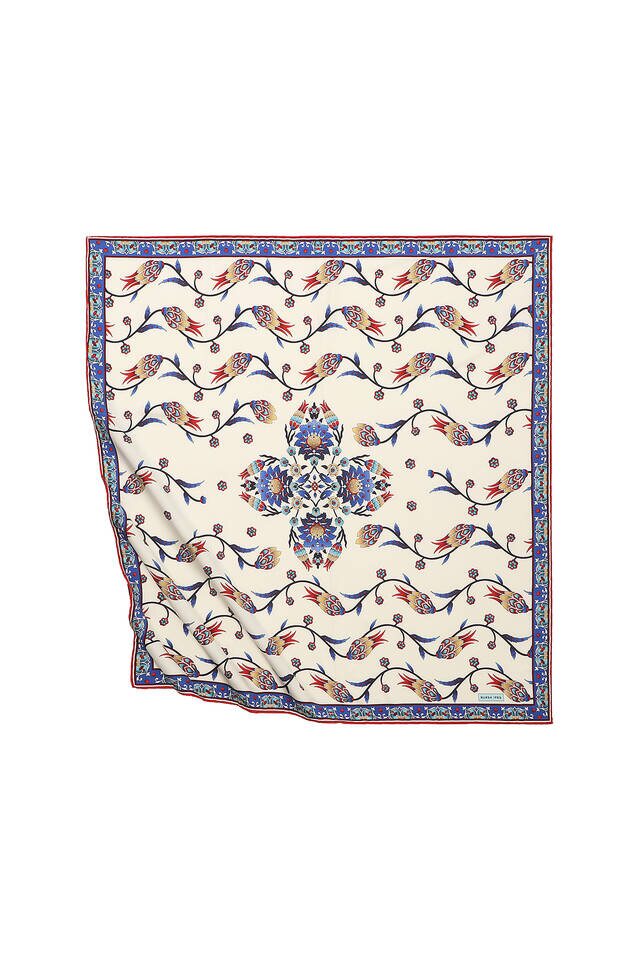 Red Line Tulip Pattern Silky Square Scarf 