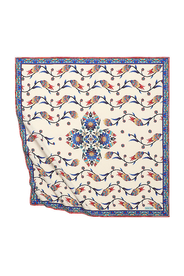 Red Line Tulip Pattern Silky Square Scarf 