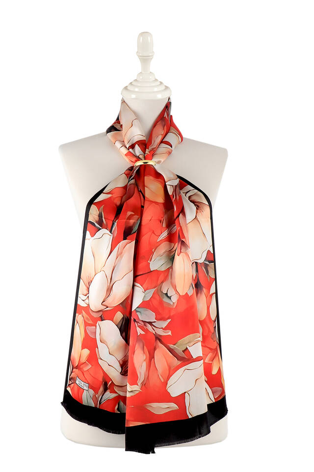 Red Narcissus Pattern Silk Foulard - 2