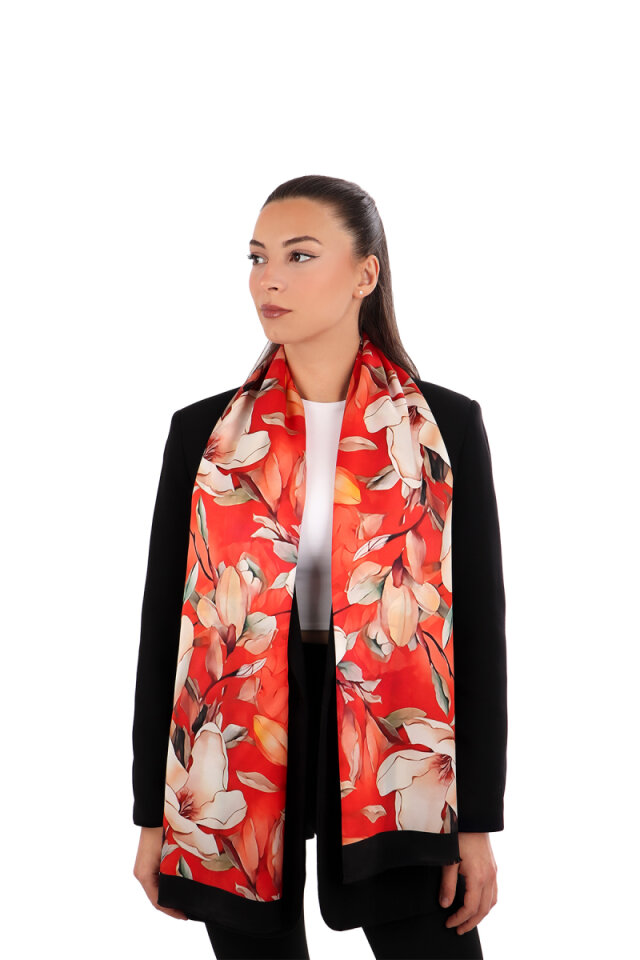 Red Narcissus Pattern Silk Foulard 