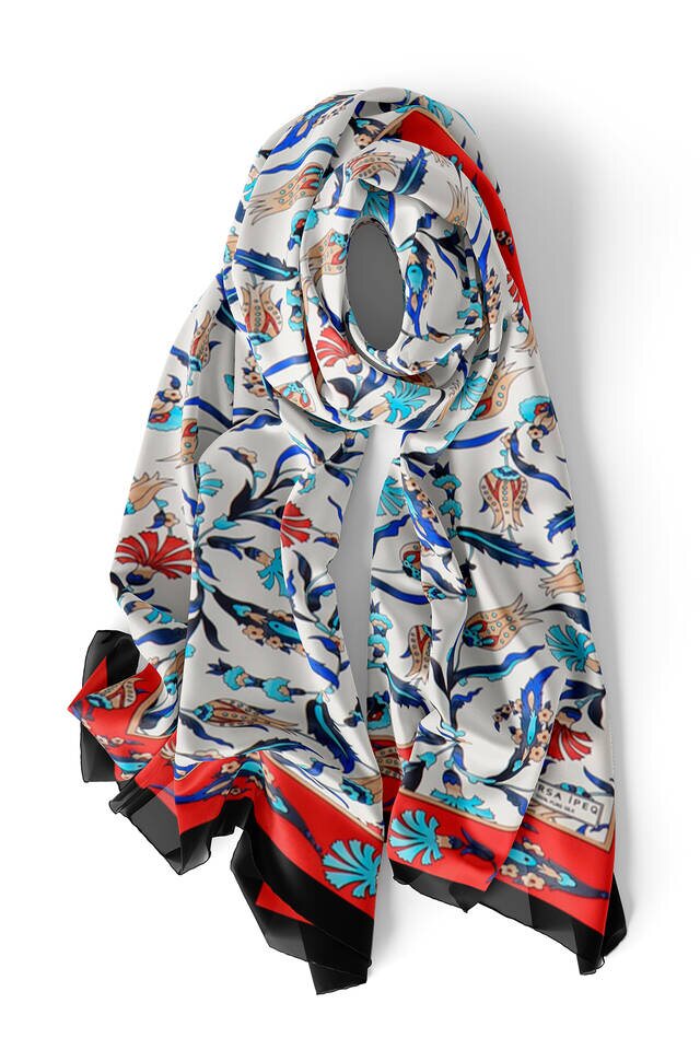 Red Navy Blue Carnation Tulip Silk Foulard - 3