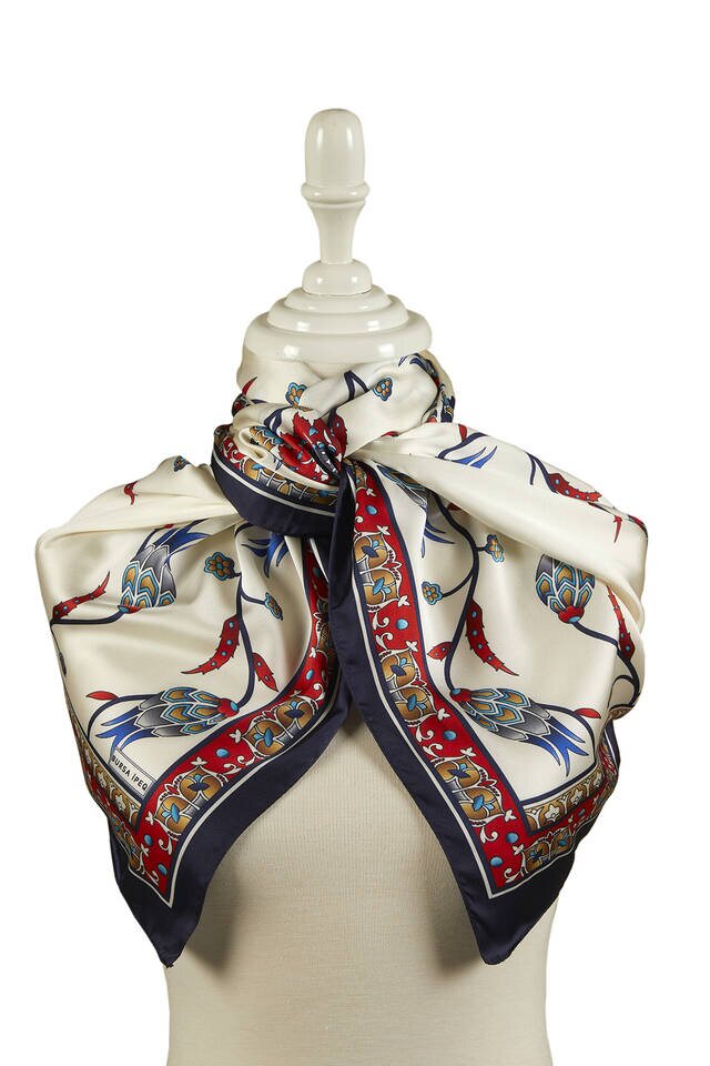 Red Navy Blue Row Tulip Pattern Wide Silky Foulard - 2