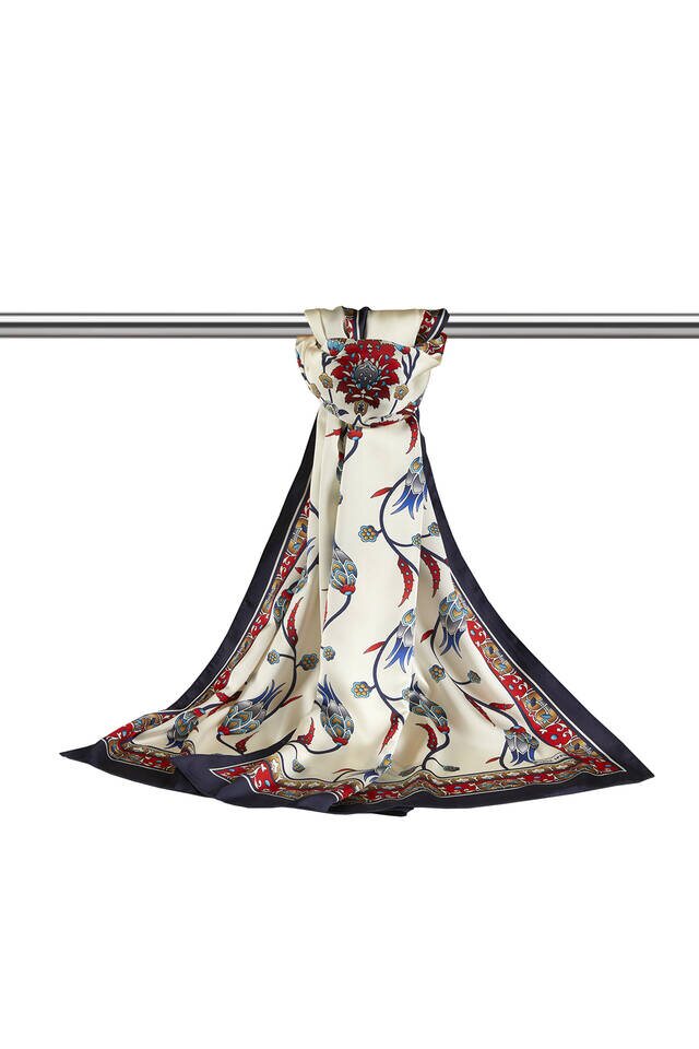 Red Navy Blue Row Tulip Pattern Wide Silky Foulard - 3