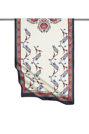 Red Navy Blue Row Tulip Pattern Wide Silky Foulard 