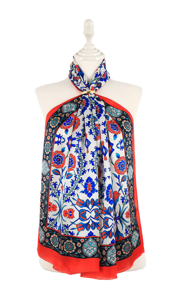 Red Navy Blue Selcuk Pattern Silk Foulard 