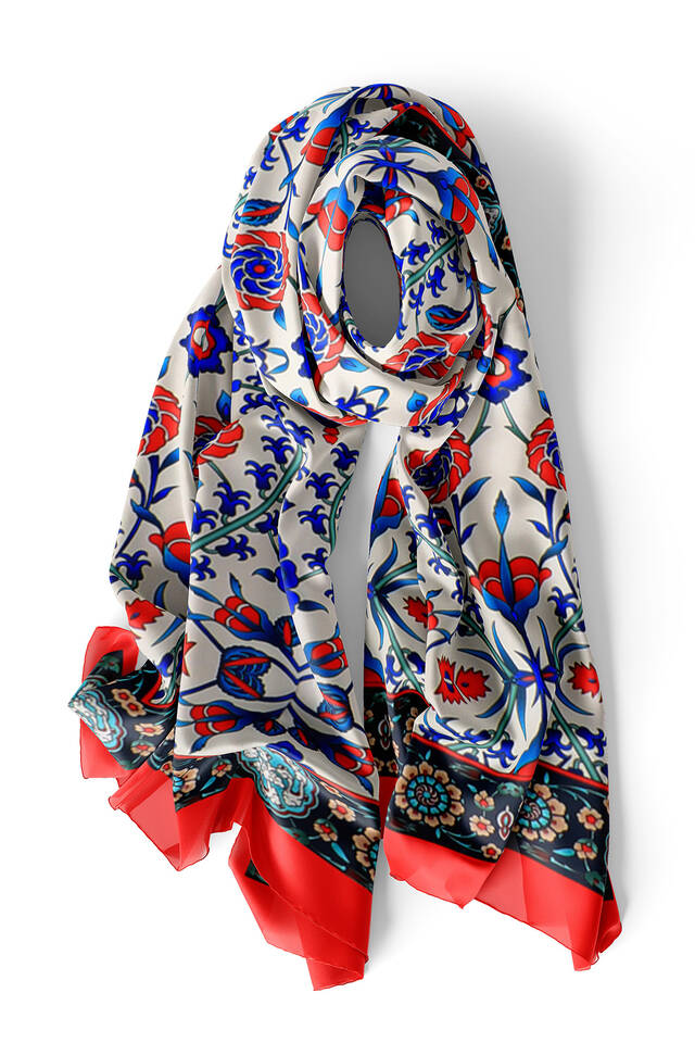 Red Navy Blue Selcuk Pattern Silk Foulard - 3