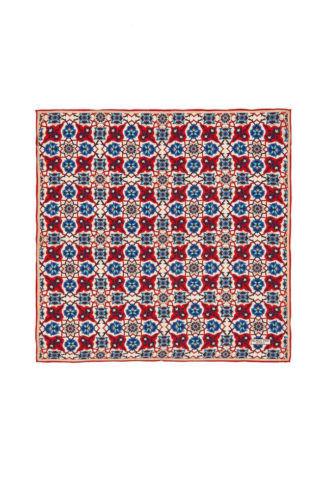 Red Navy Blue Tile Spiral Pattern Silk Pocket Square 
