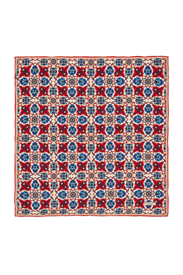 Red Navy Blue Tile Spiral Pattern Silk Pocket Square - Bursa İpek