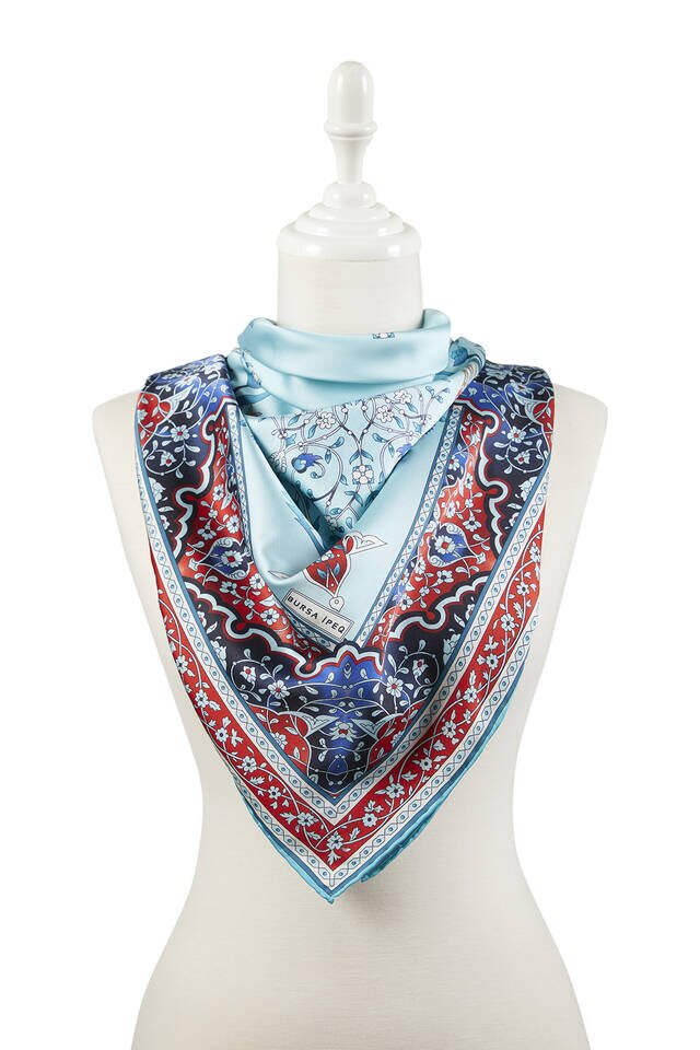 Red Oil Turkish Motif Candlestick Tulip Pattern Silky Square Scarf - 2