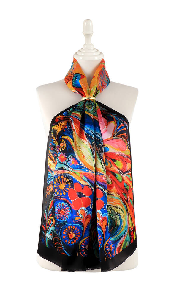 Red Peacock Pattern Silk Foulard - Bursa İpek