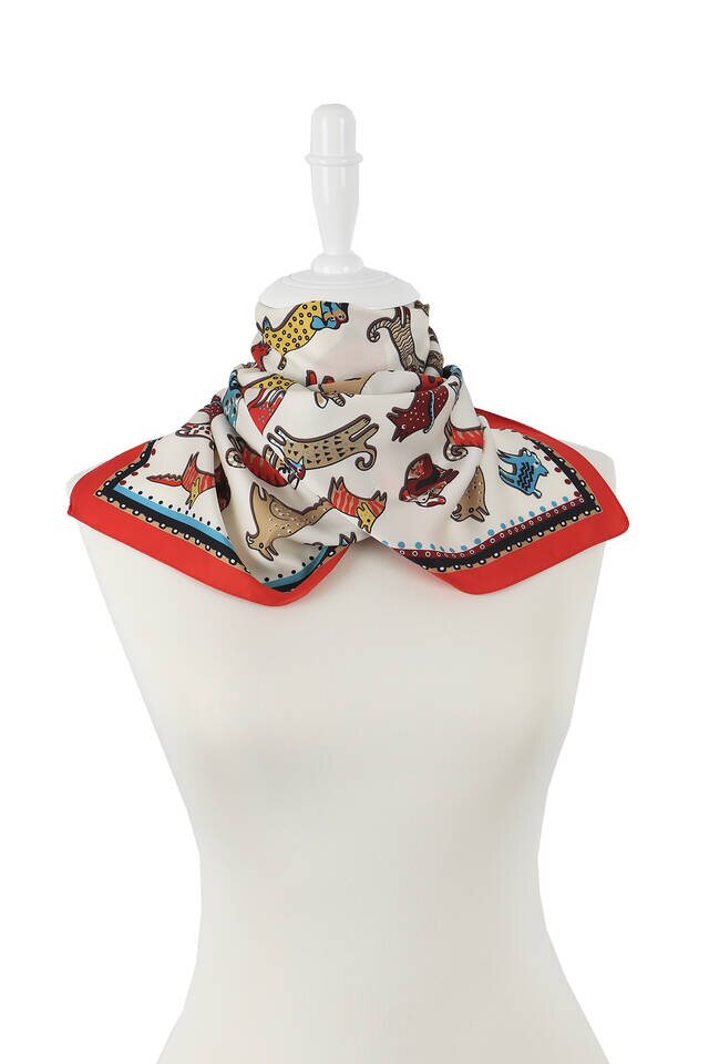 Red Petrol Green Patterned Silky Foulard - 2
