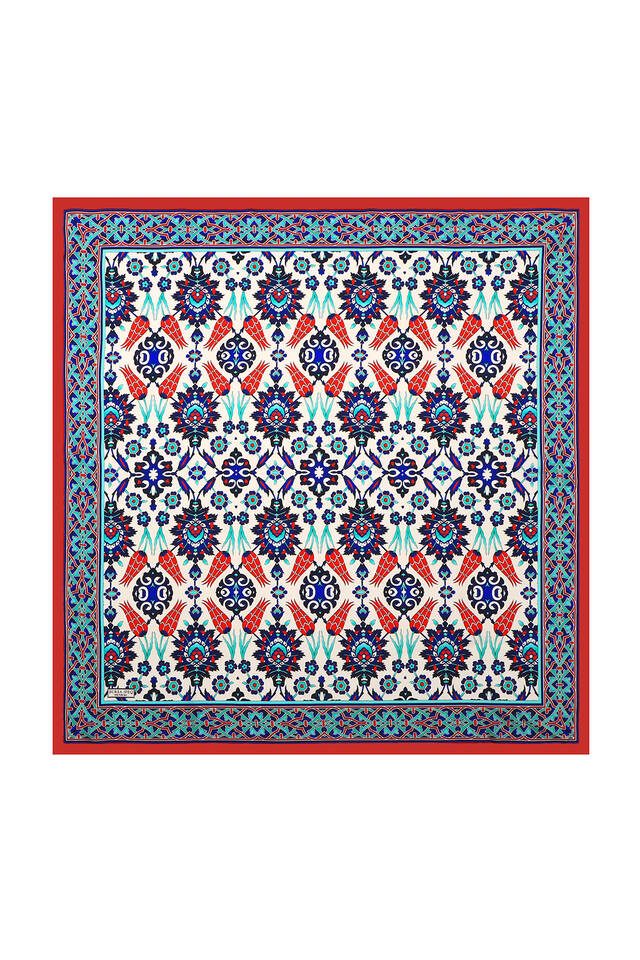 Red Saks Tile Tulip Pattern Silk Square Scarf - 2