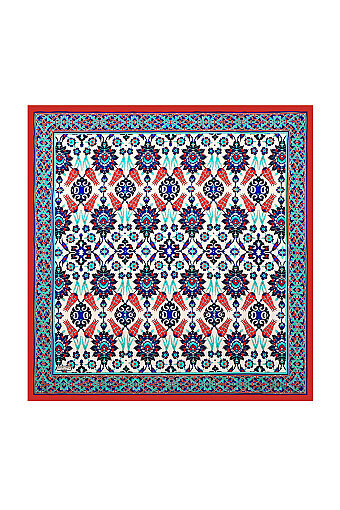 Red Saks Tile Tulip Pattern Silk Square Scarf 