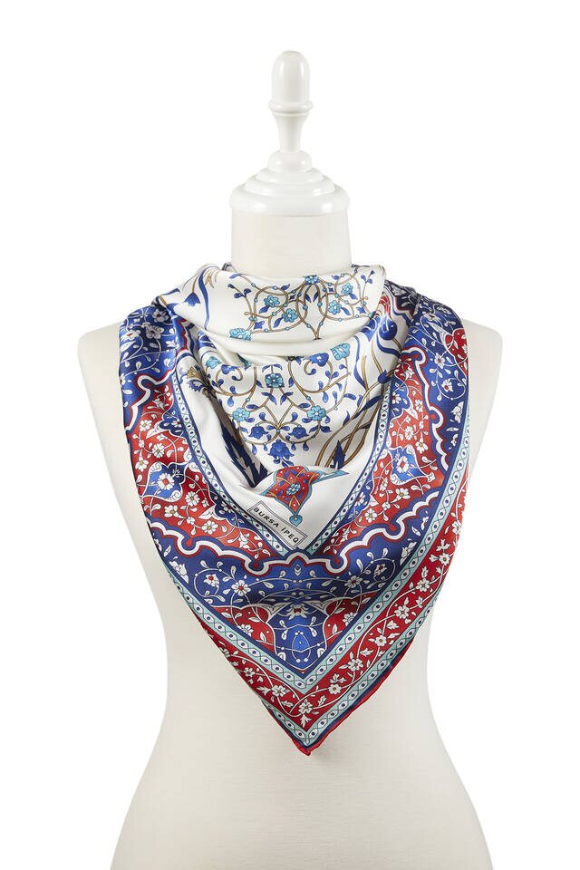 Red Saks Turkish Pattern Candlestick Tulip Pattern Silky Square Scarf - 2