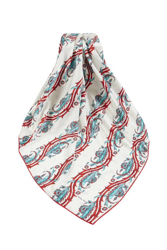 Red Smoked Turkish Pattern Ivy Pattern Silk Square Scarf - 3