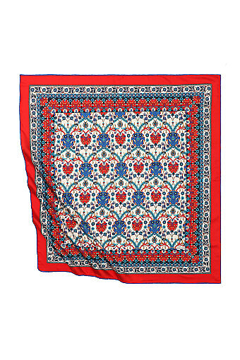 Red Tile Tulip Pattern Silky Square Scarf 