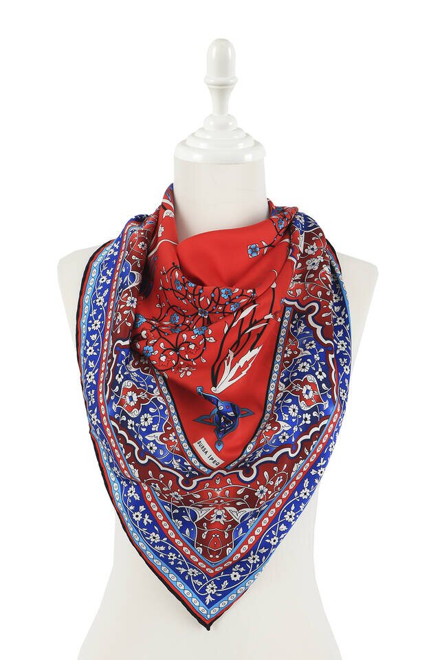 Red Turkish Motif Candlestick Tulip Pattern Silky Square Scarf - 2