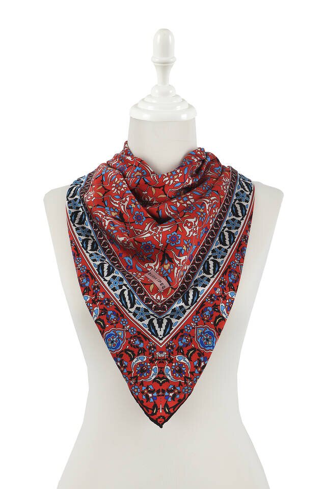 Red Turkish Patterned Tile Pattern Silk Square Scarf - 2