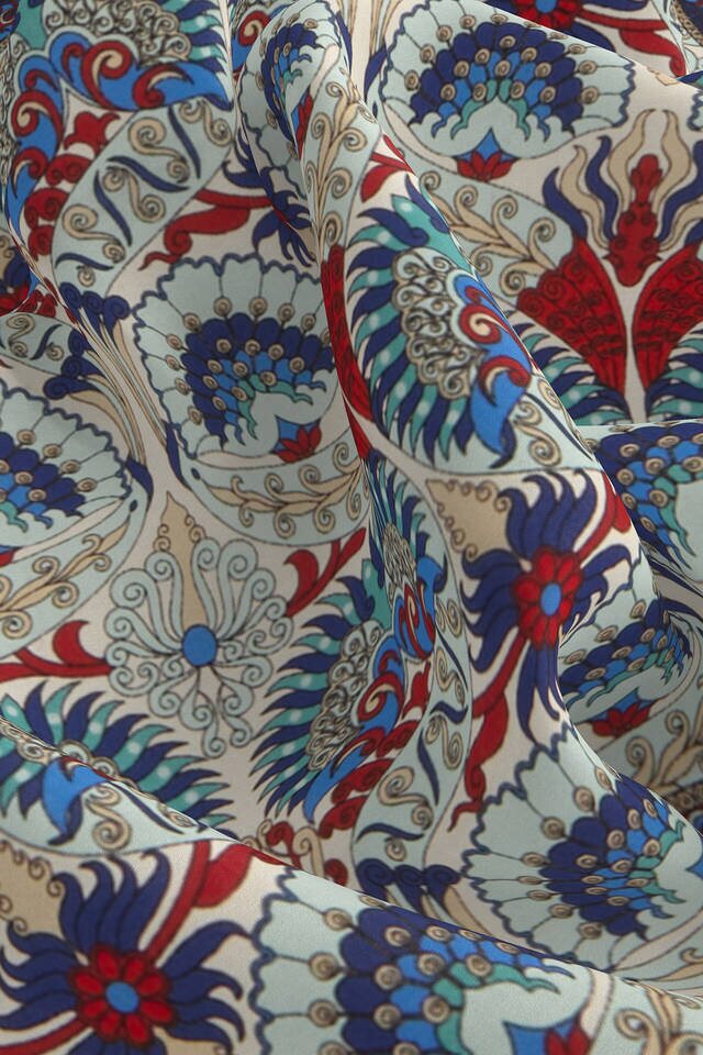 Red Turquoise Peacock Pattern Silk Pocket Square - 3