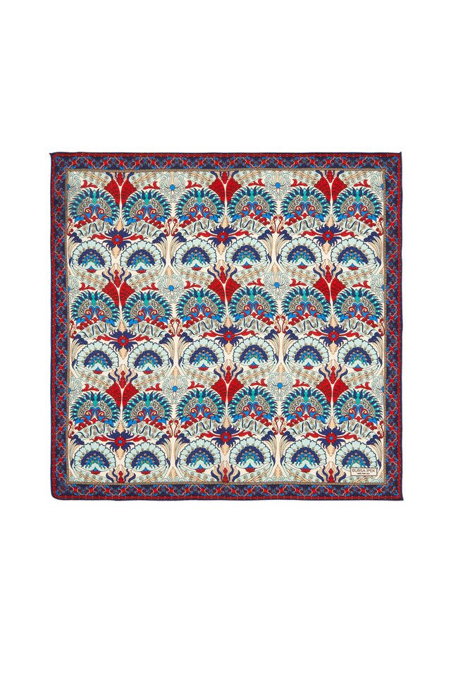 Red Turquoise Peacock Pattern Silk Pocket Square - Bursa İpek