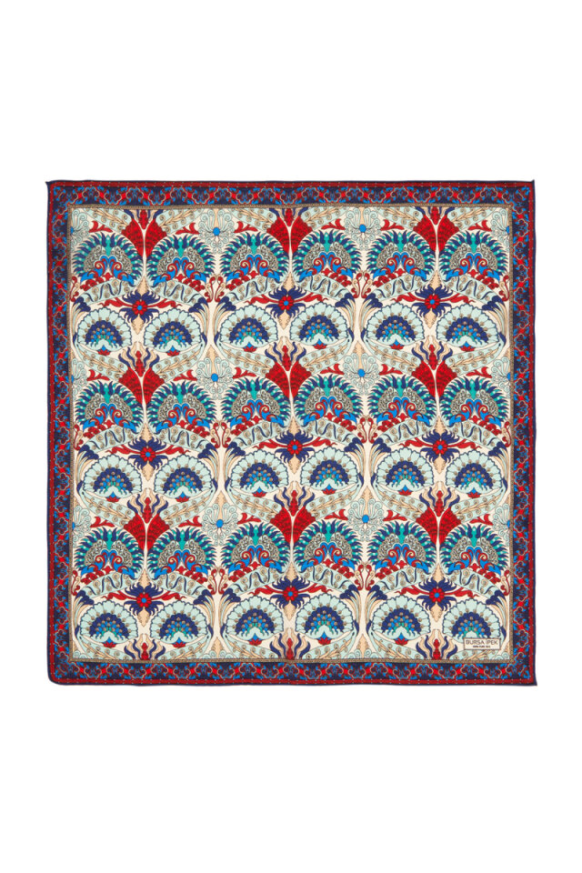 Red Turquoise Peacock Pattern Silk Pocket Square - Bursa İpek