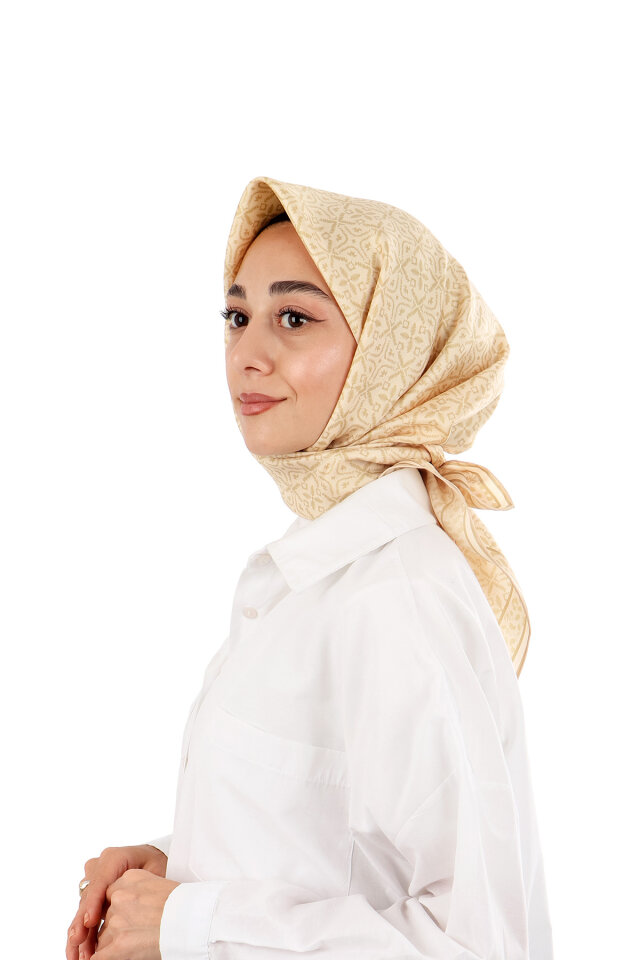 Bej Rüya Desen Twill İpek Eşarp 