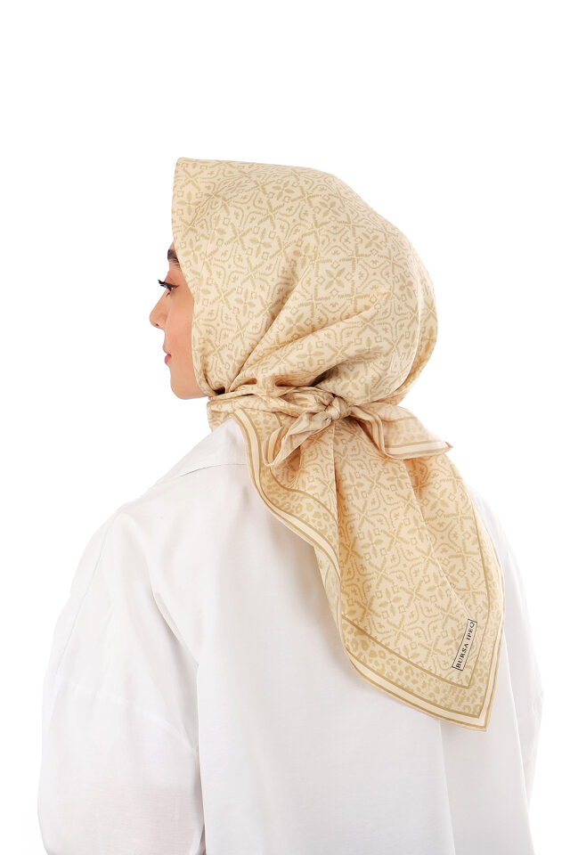 Bej Rüya Desen Twill İpek Eşarp - 2