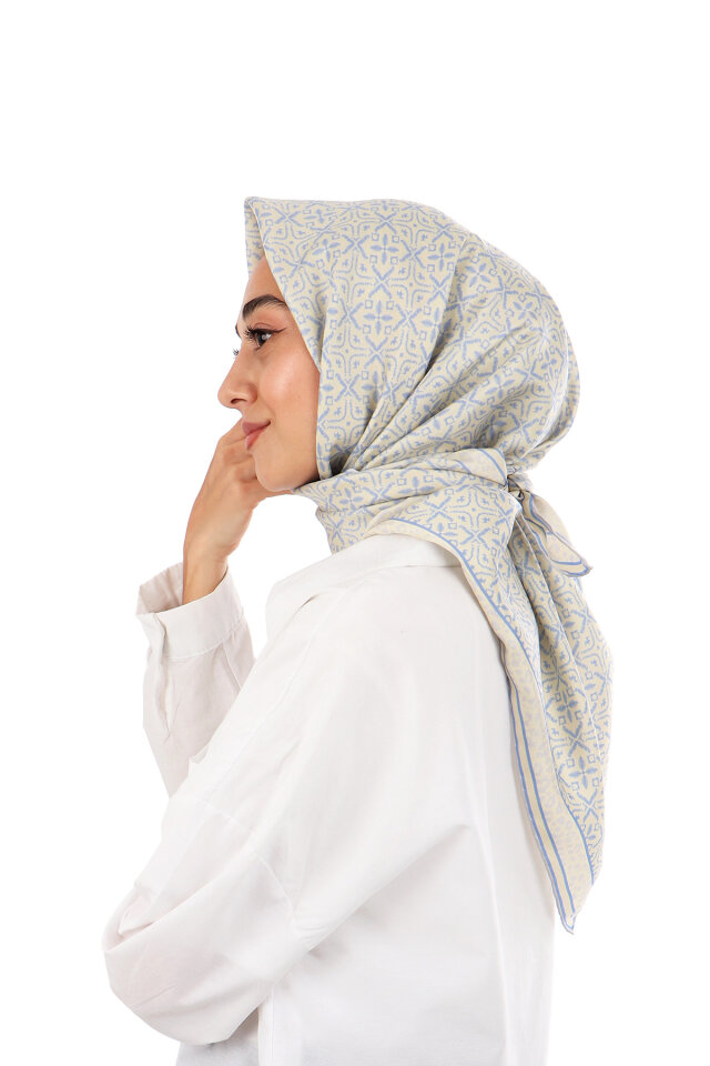 Mavi Rüya Desen Twill İpek Eşarp - 2