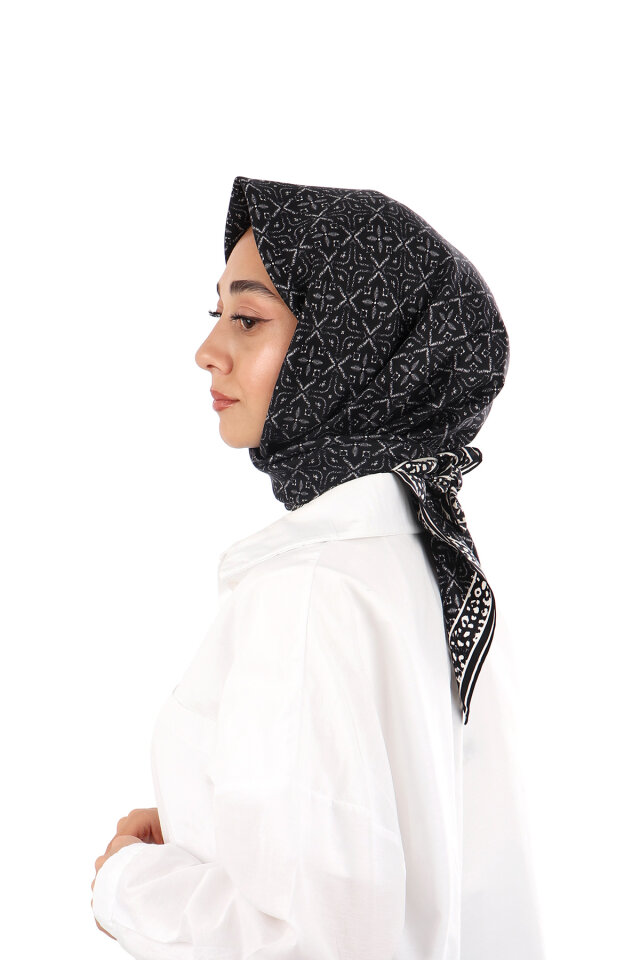 Siyah Rüya Desen Twill İpek Eşarp - 3