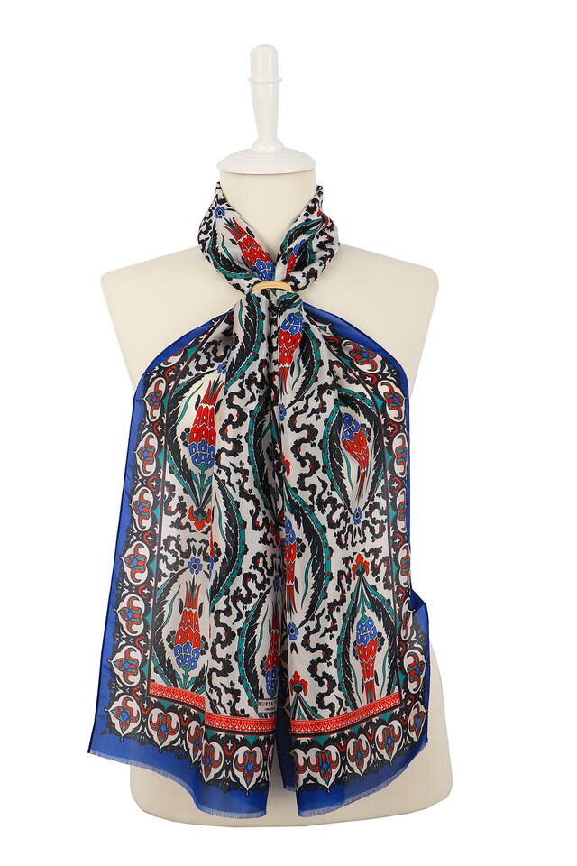 Saks Black Large Tulip Voile Silk Foulard 