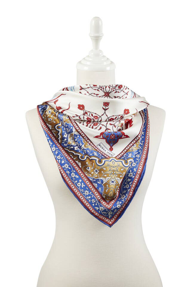 Saks Bordo Türk Motifli Şamdan Lale Desen İpeksi Eşarp - 2
