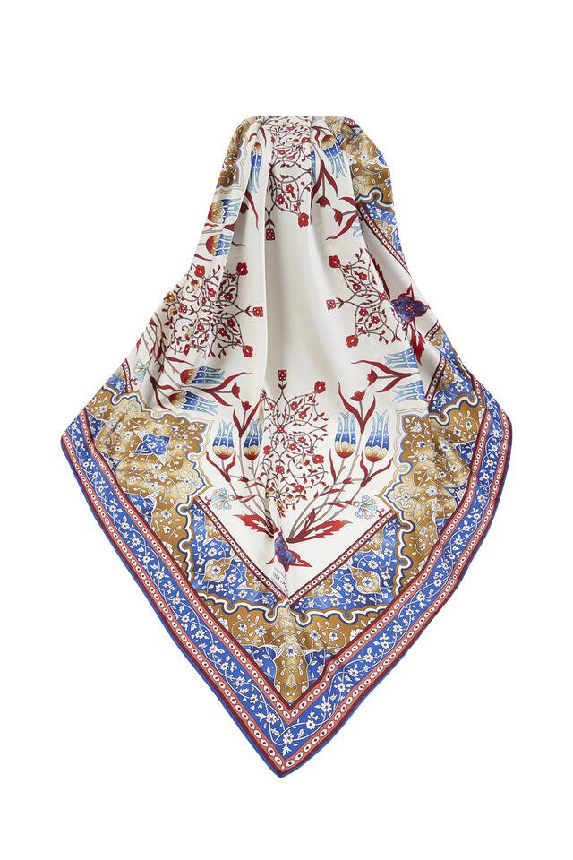 Saks Claret Red Turkish Motif Candlestick Tulip Pattern Silky Square Scarf - 3