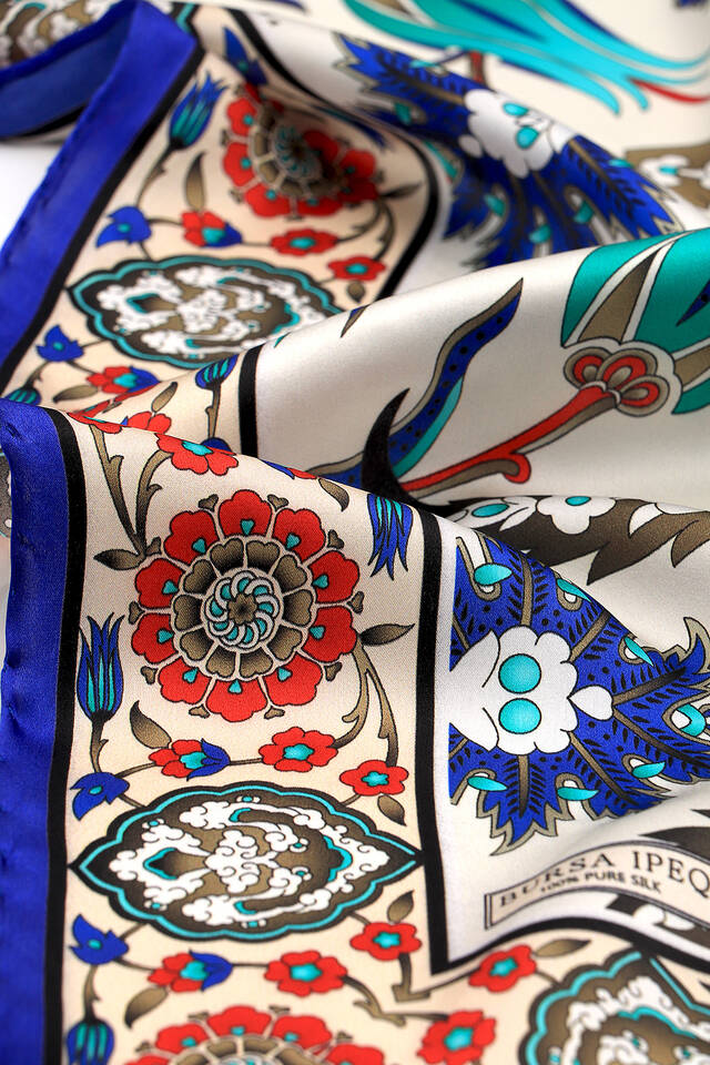 Saks Cream Efes Pattern Silk Square Scarf - 3