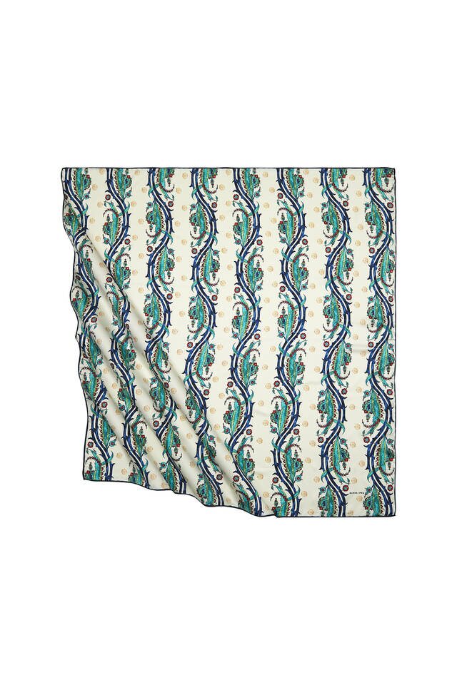 Saks Green Turkish Motif Ivy Pattern Silk Square Scarf 