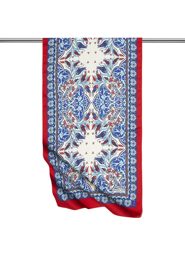Saks Kırmızı Çini Lale Desen Dar İpeksi Fular 