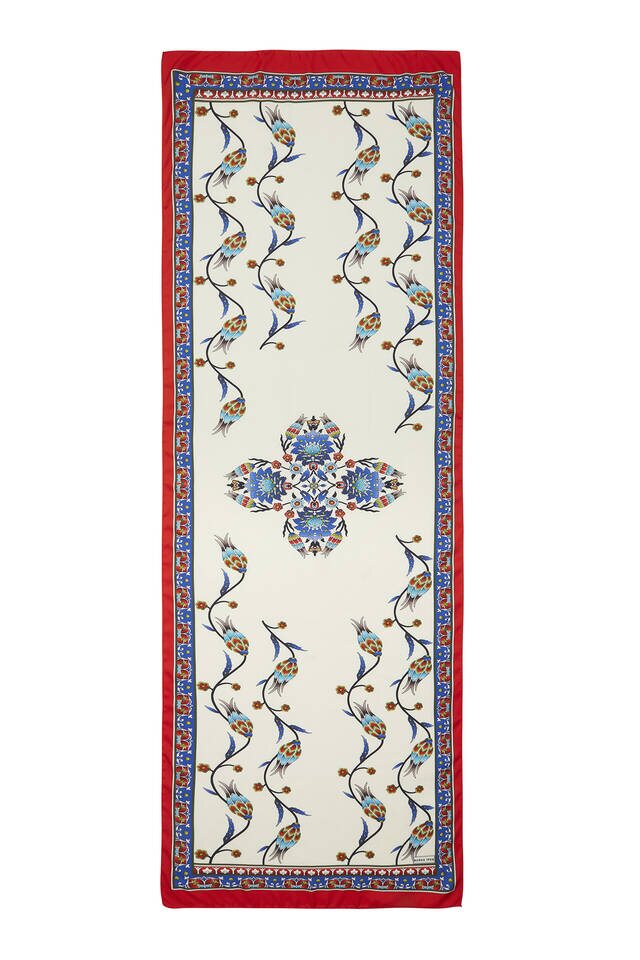 Saks Kırmızı Sıra Lale Desen Geniş İpeksi Fular - 4