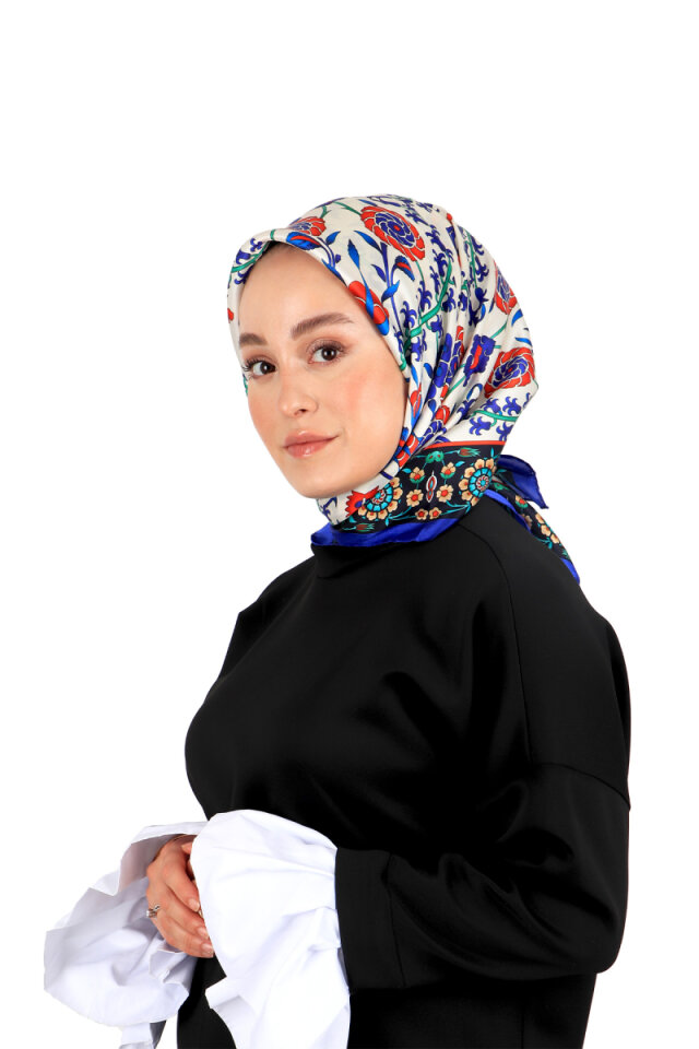 Saks Lacivert Selçuk Desen İpek Eşarp 