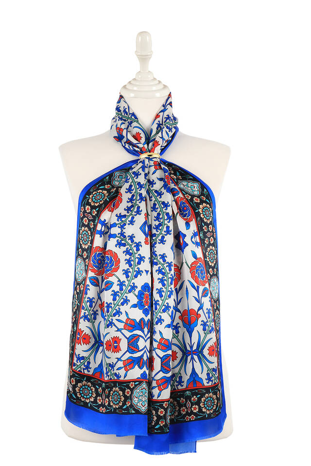 Saks Navy Blue Seljuk Pattern Silk Foulard 