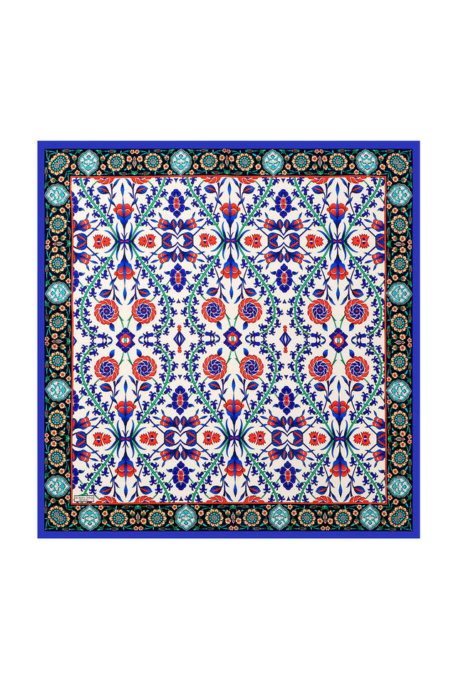 Saks Navy Blue Seljuk Pattern Silk Square Scarf - 2