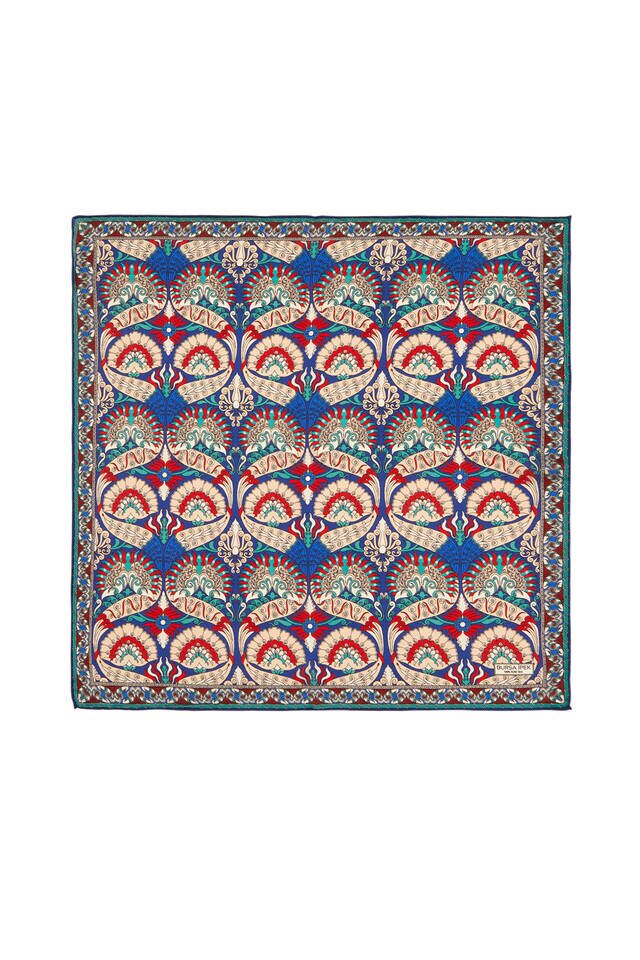 Saks Red Peacock Pattern Silk Pocket Square - Bursa İpek