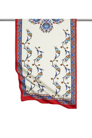 Saks Red Row Tulip Pattern Wide Silky Foulard 